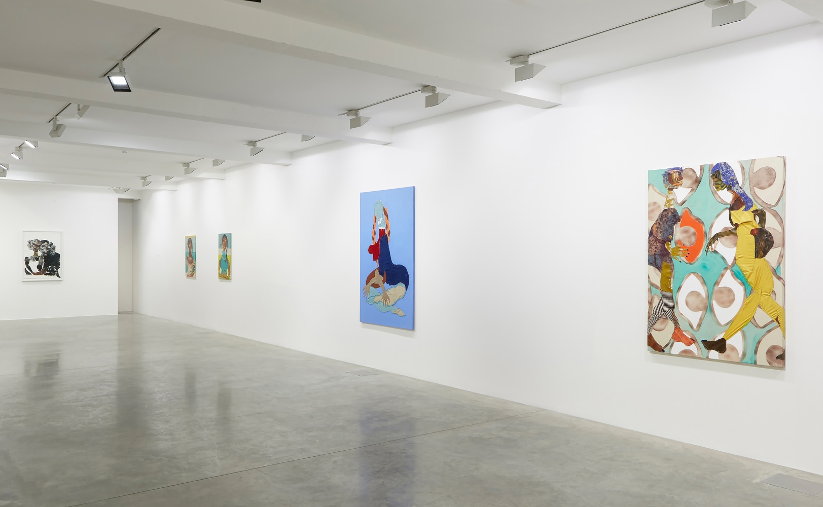 Installation view of paintings and sculptures by Tschabalala Self
