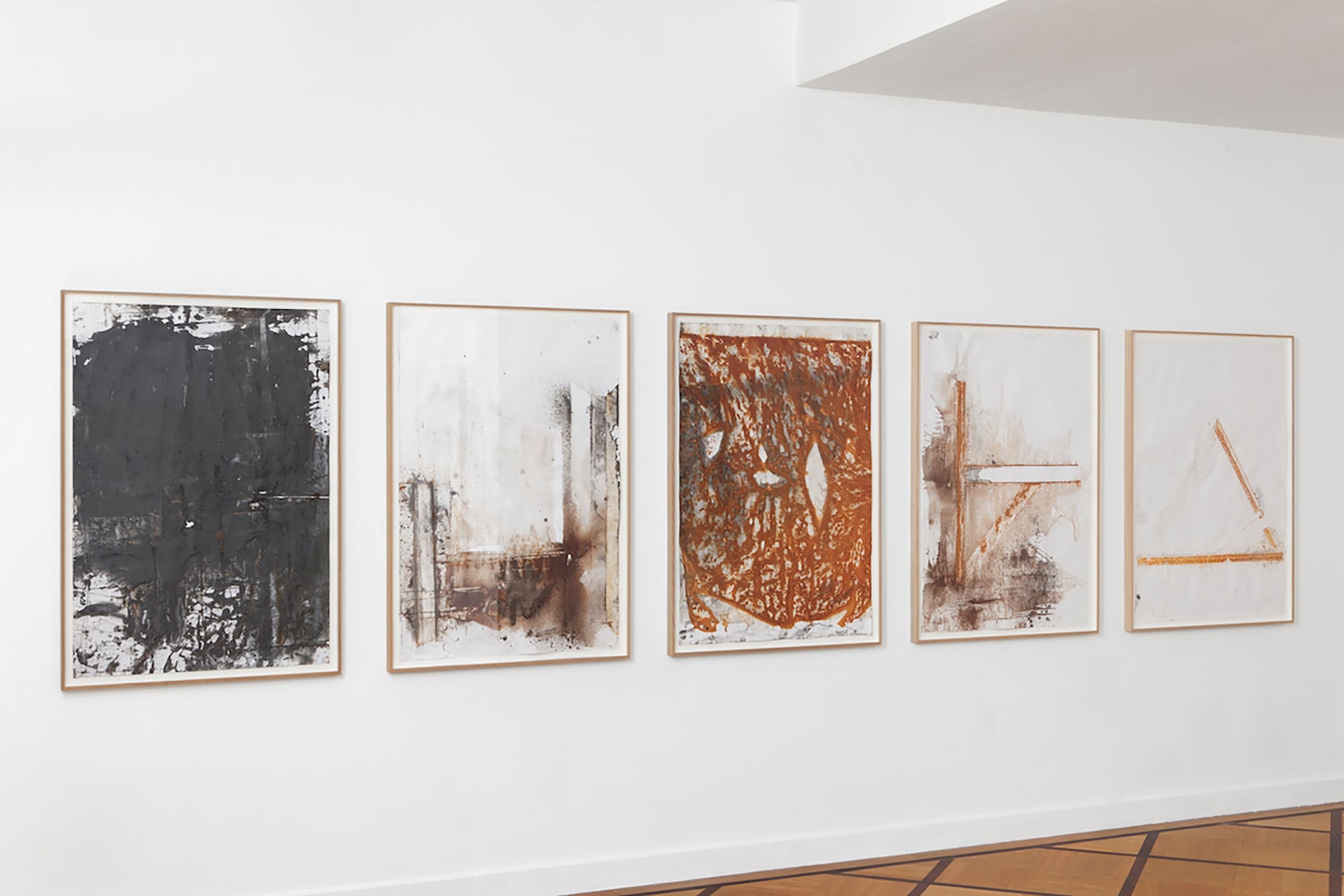 Installation view of drawings by Oscar Tuazon