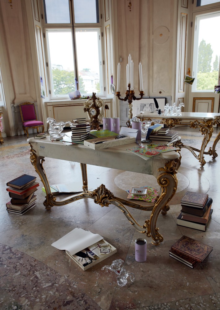 Installation view of sculpture add ons by Karen Kilimnik