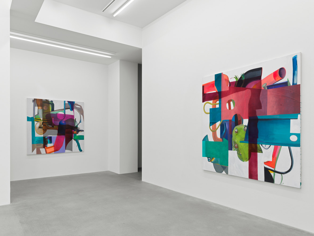 Installation view of paintings and video by Alex Hubbard