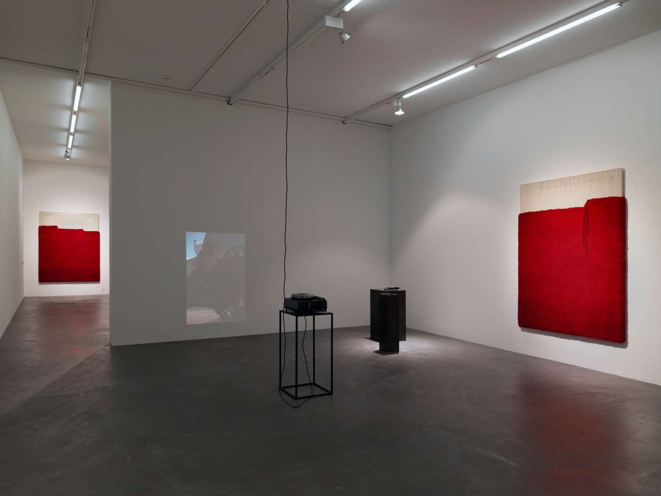 Installation view of paintings, video works and wall works by Latifa Echakhch