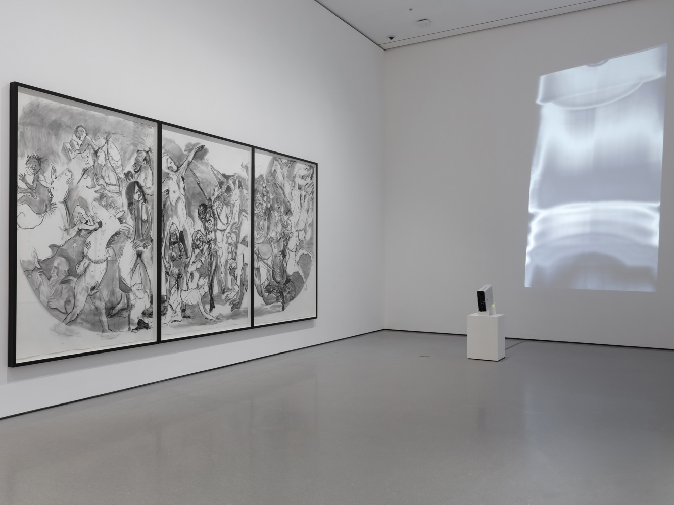 Installation view of video by Trisha Donnelly and works of other artists