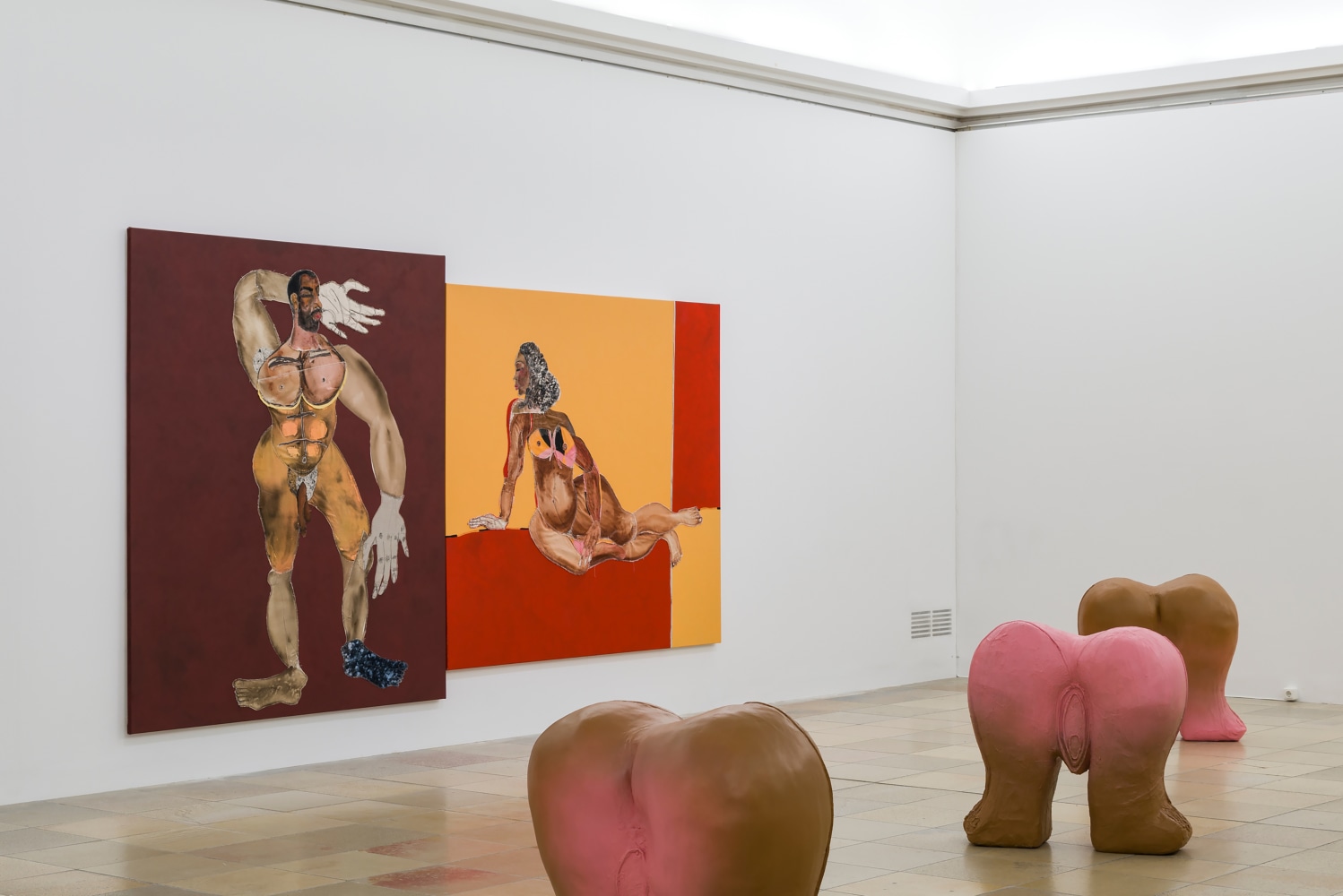 Installation view of paintings by Tschabalala Self