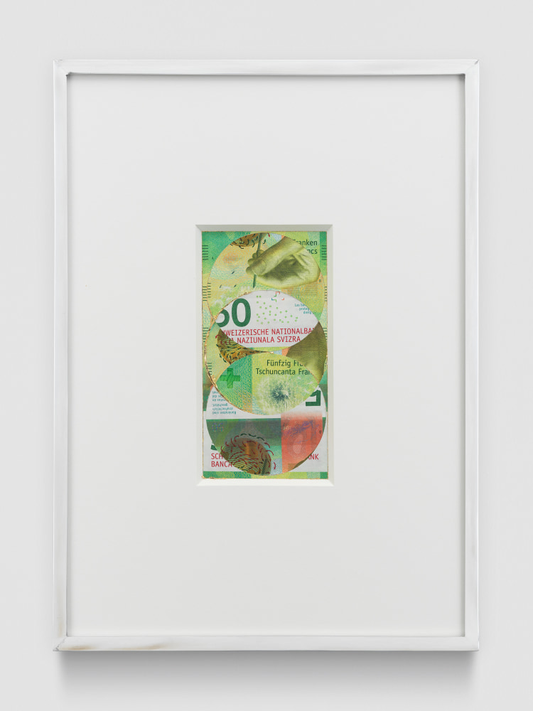 Blind Collage (Three 180&amp;ordm; Rotations, Swiss National Bank Fifty-Franc Note: Series 2016, Issued by Banque Nationale Suisse, Printed in Z&amp;uuml;rich, Switzerland by Orell F&amp;uuml;ssli Security Printing Ltd., Designed by Manuela Pfrunder GMBH, Serial No. 15E5204488, #1)

2021

Swiss National Bank fifty-franc note, tape, and 22 karat gold leaf

Object 7 x 13.5 cm / 2 3/4 x 5 3/8 inches

Frame 24 x 32.5 x 4 cm / 9 1/2 x 12 7/8 x 1 5/8 inches

BESHT48262