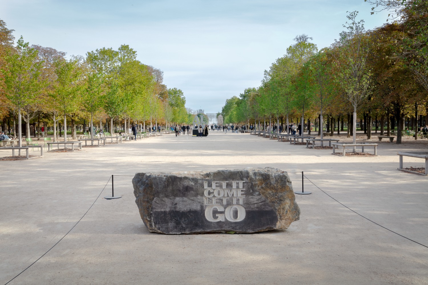 Installation view, John Giorno, LET IT COME LET IT GO, Jardin des Tuileries, Paris, 2023