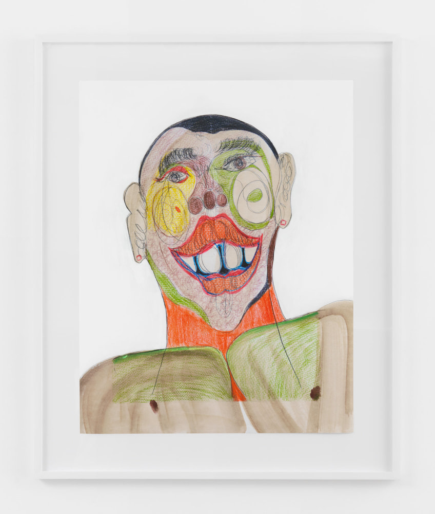 BLACK FACE WITH HAPPY WITH ORANGE NECK  2020  Colored pencil, acrylic paint, gouache, charcoal, graphite, on archival inkjet print  Unique  Sheet 91.5 x 71 cm / 36 x 28 inches  Frame 114.5 x 79.5 x 4 cm / 45 x 31 1/4 x 1 1/2 inches