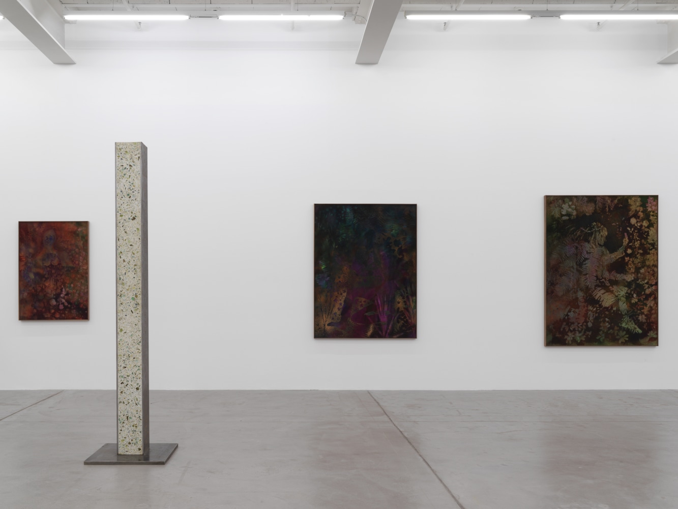 Installation view of Sam Falls paintings and sculptures exhibition