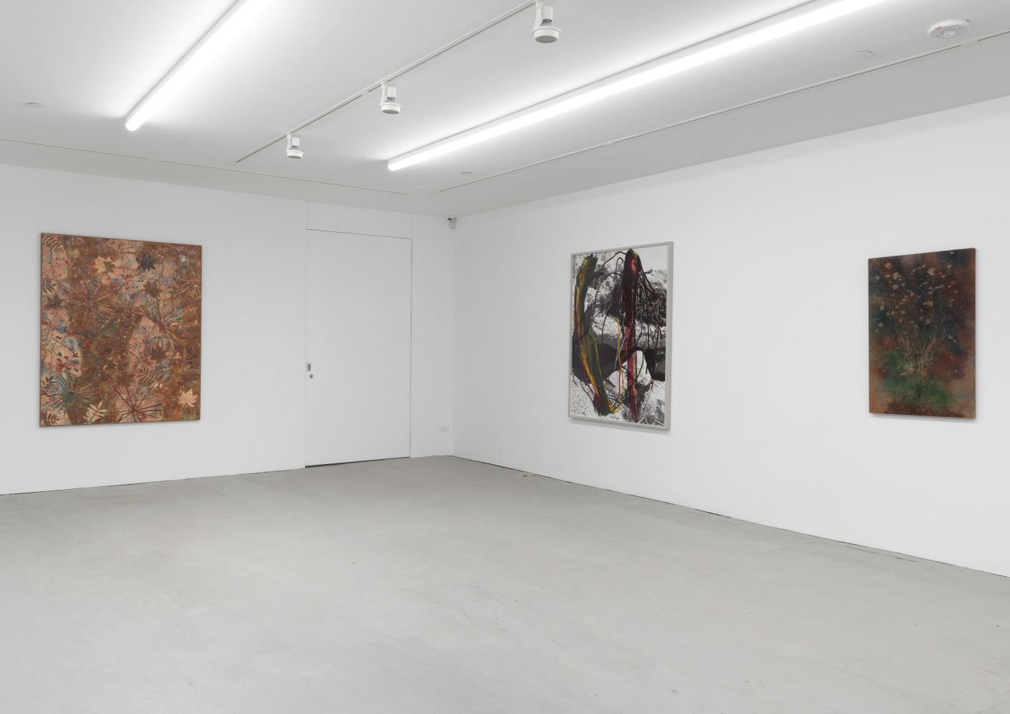 Installation view of Sam Falls paintings and sculptures exhibition