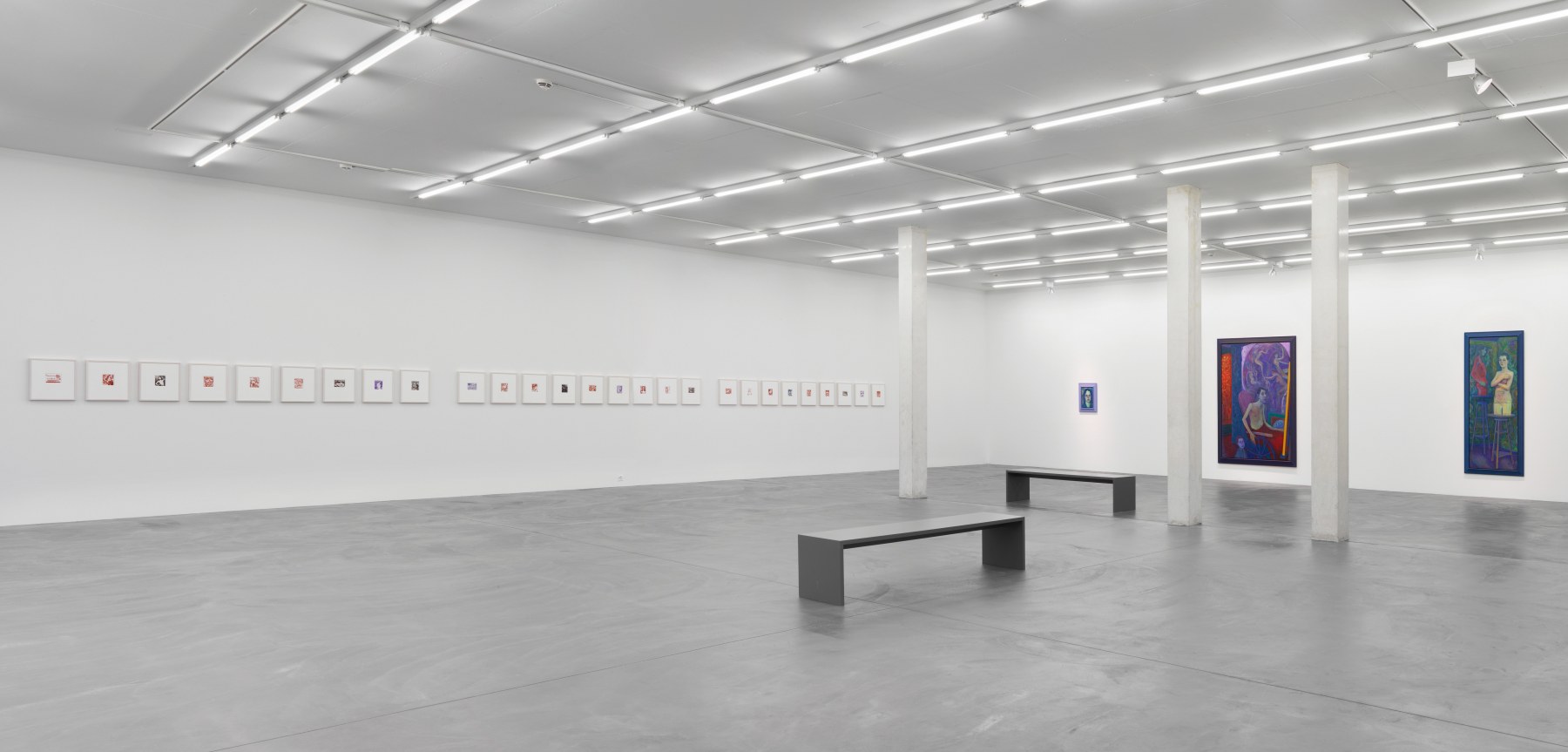 Installation view of Steven Shearer paintings, drawings, and printed works exhibition