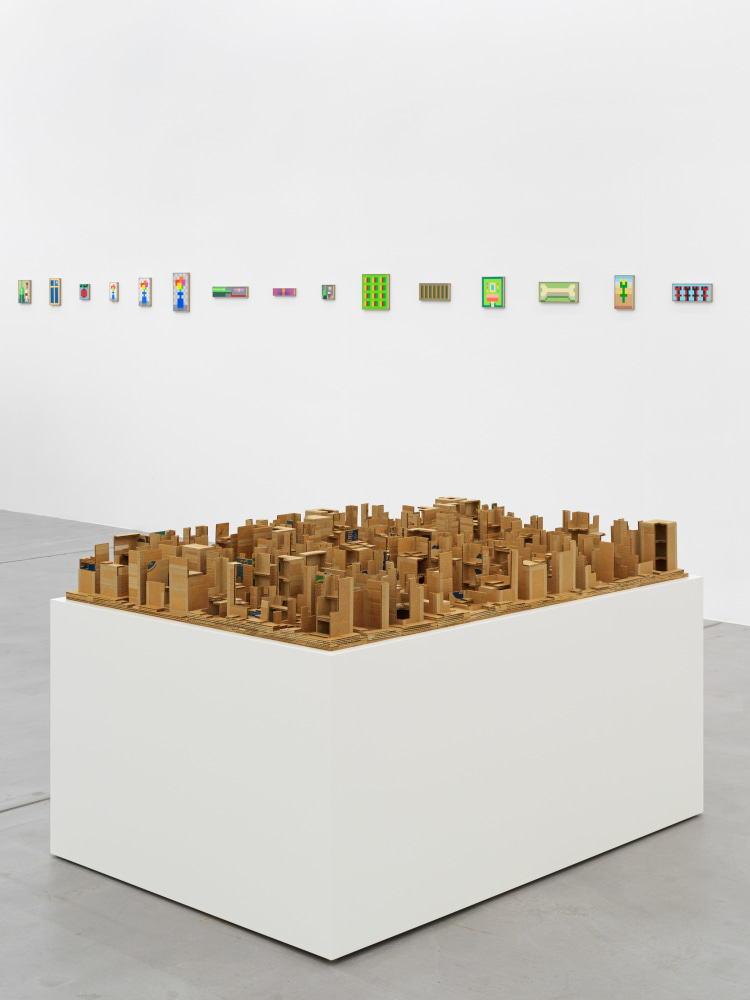 Installation view of Jean-Frédéric Schnyder paintings and cardboard sculpture exhibition