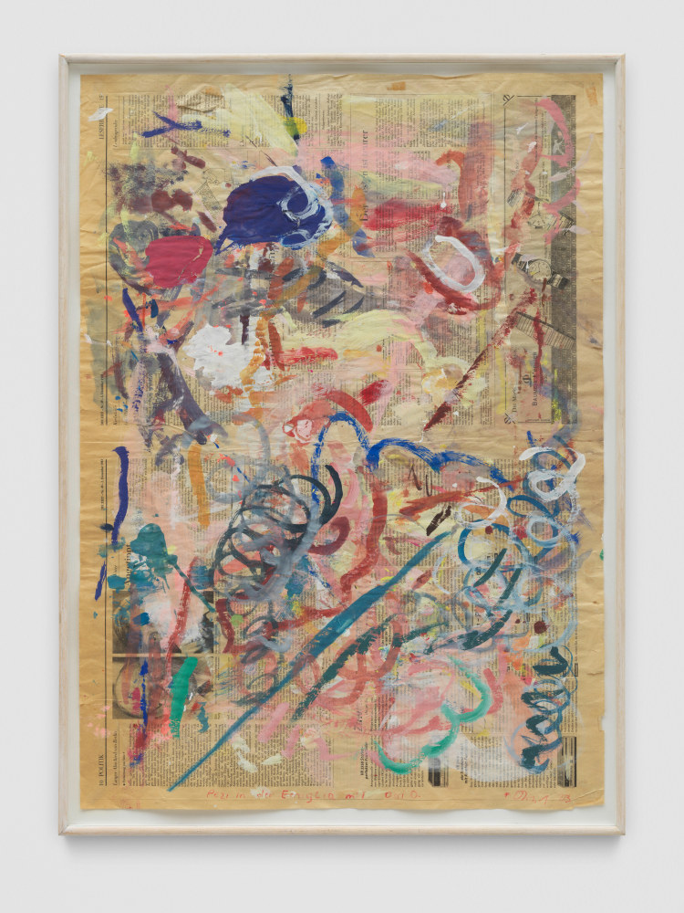 Pezi in der Emiglia mit Ossi O.

1983

Gouache on newspaper

Sheet 79 x 56 cm / 31 1/8 x 22 in

Frame 84 x 61 x 3 cm / 33 1/8 x 24 x 1 1/8 in

&amp;copy; Archiv Franz West &amp;copy; Estate Franz West