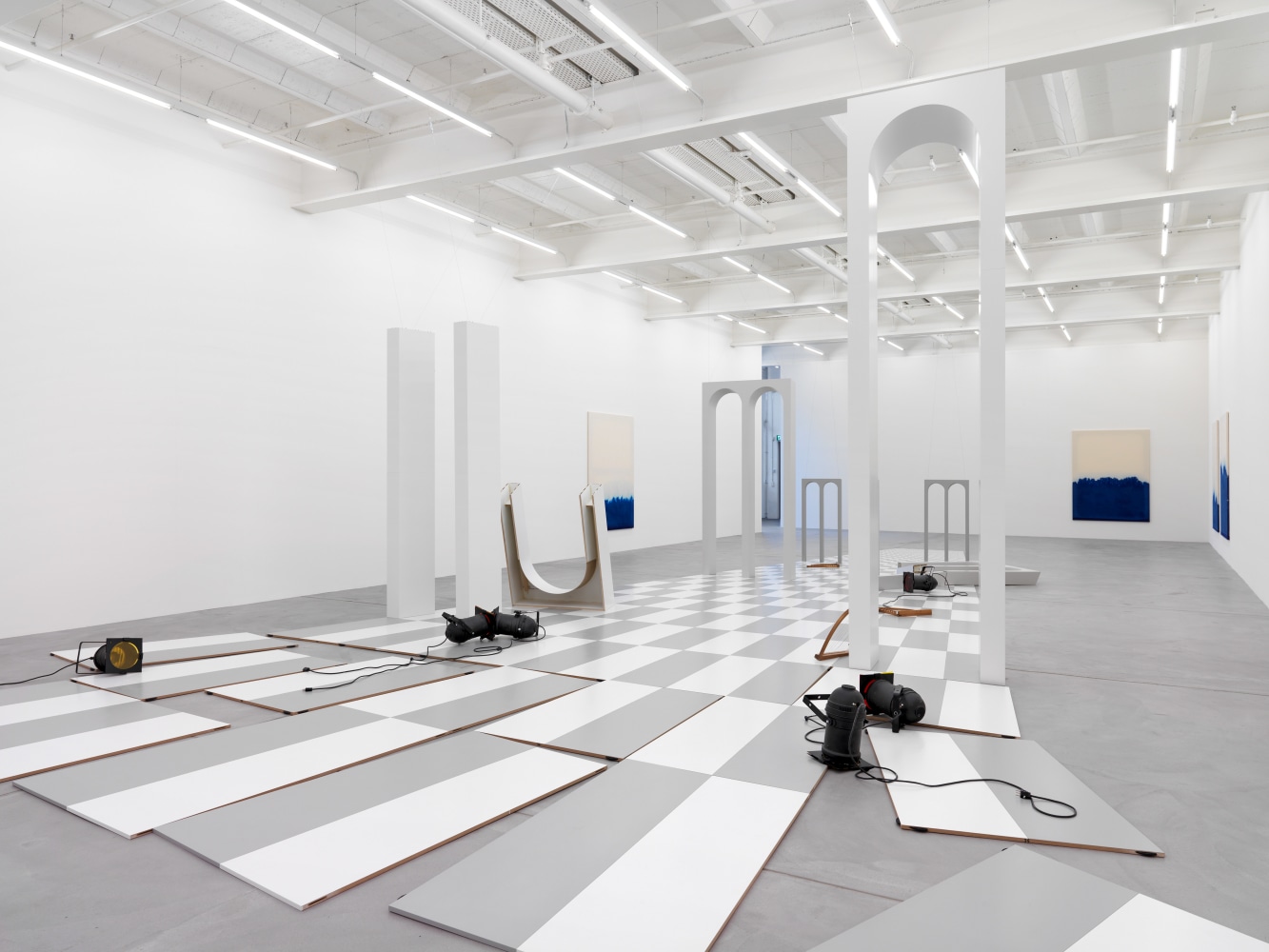 Installation view of paintings and sculptures by Latifa Echakhch