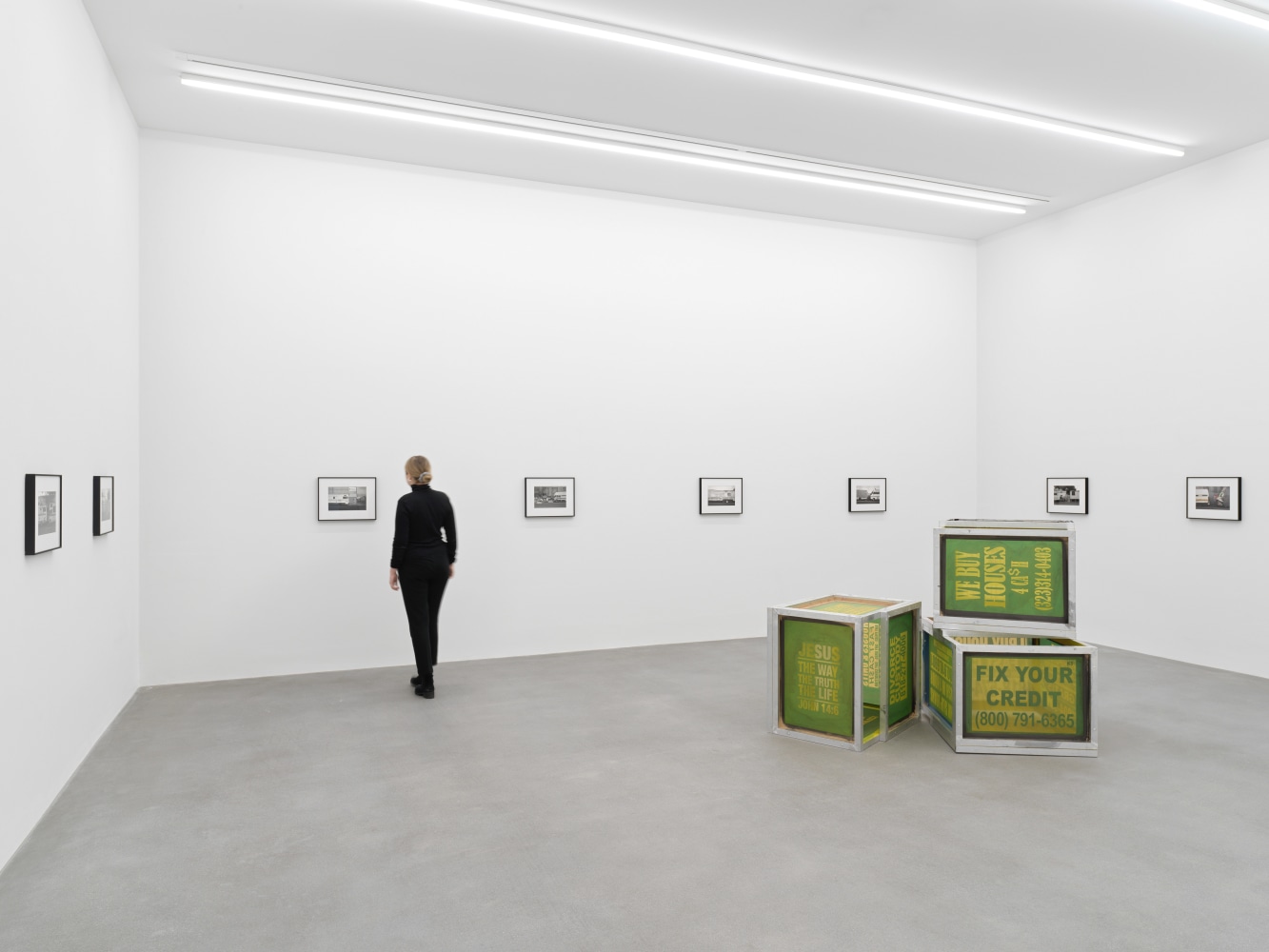 Installation view of Walead Beshty collage, photography, and sculpture exhibition