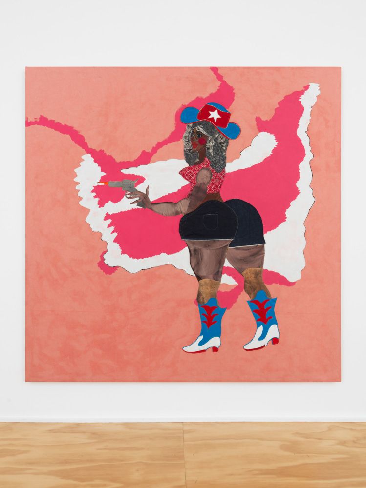 POCKET ROCKET  2020  Digital print on canvas, denim, fabric, painted canvas, dyed, acrylic and hand-mixed pigments on canvas  244 x 244 x 4 cm / 96 x 96 x 1 1/2 inches