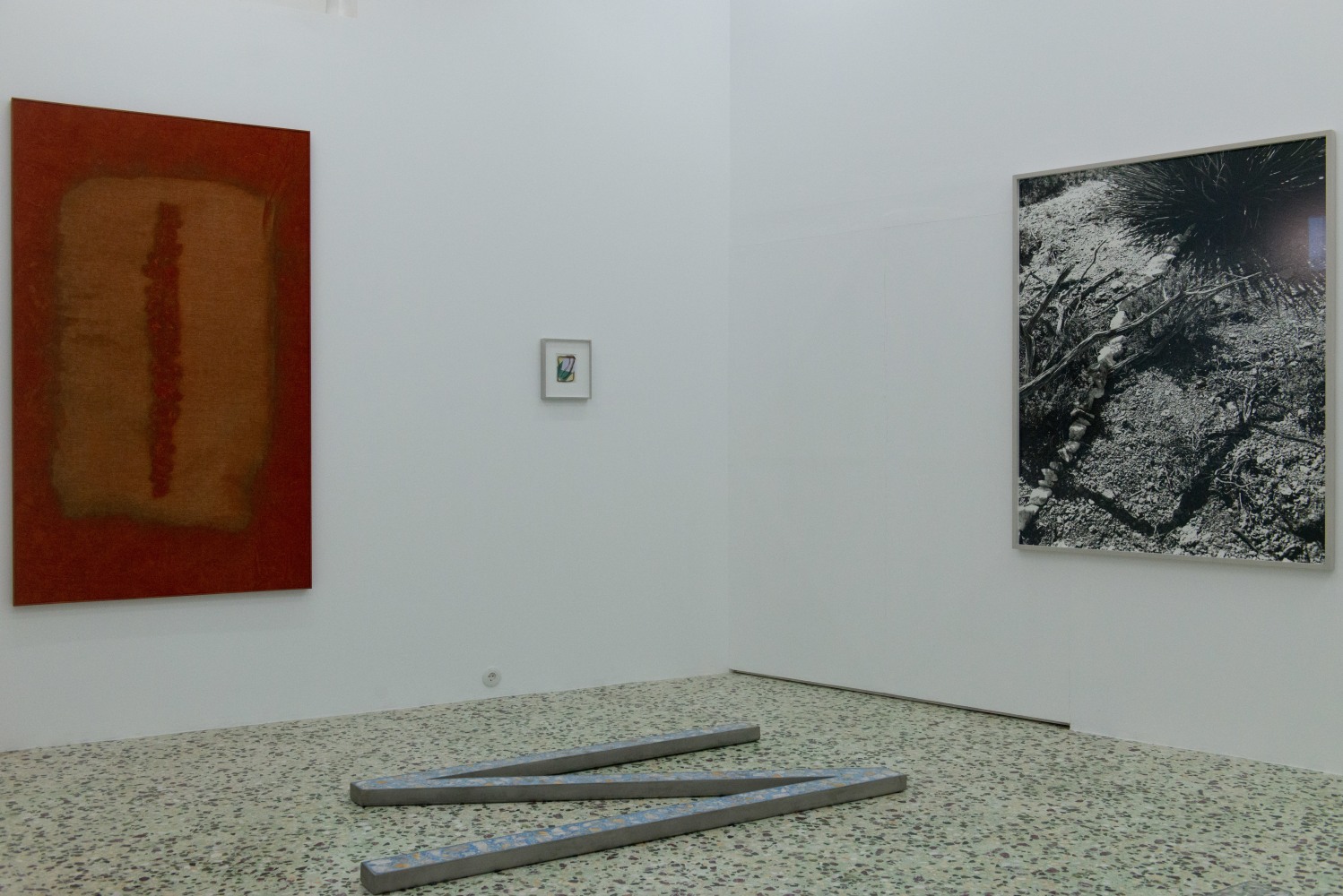Installation view of Sam Falls paintings and sculptures exhibition