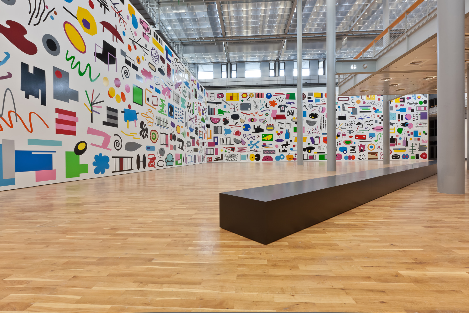 Installation by Gerwald Rockenschaub, Multidial 2011 Colored foil on plywood, aluminum structure: 1040 x 60 x 6610 cm Sculpture, plywood, aluminum structure, lacquered: 50 x 85 x 3500 cm Installation view, Kunstmuseum Wolfsburg, Wolfsburg, 2011