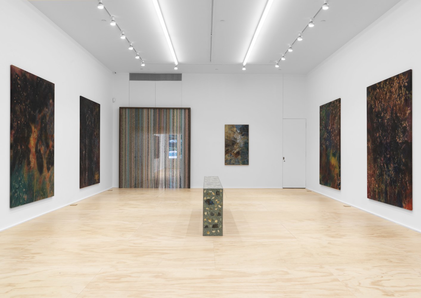 Installation view of Sam Falls paintings and sculptures exhibition