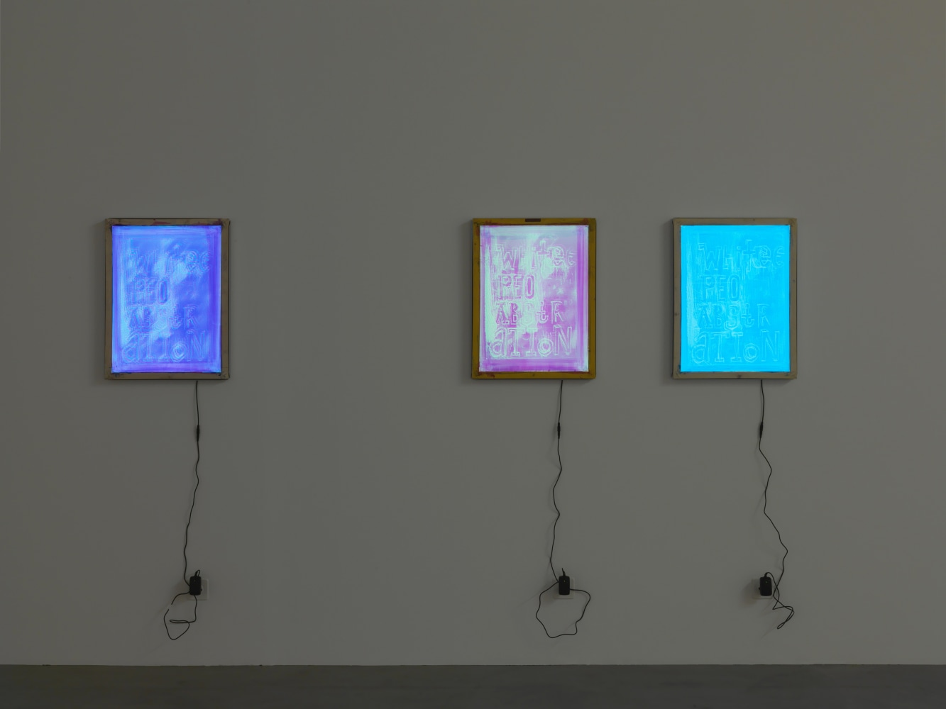 Installation view of Adam Pendleton and Pope.L wall-based works and sculptural installation