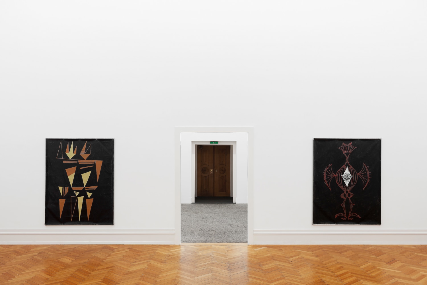 Installation views of paintings by Valentin Carron