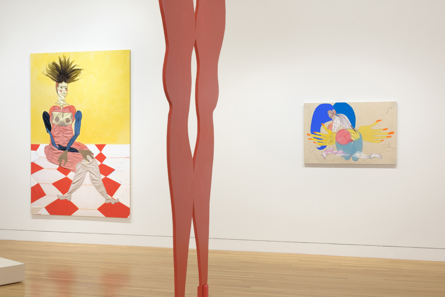 Installation view of paintings and sculptures by Tschabalala Self