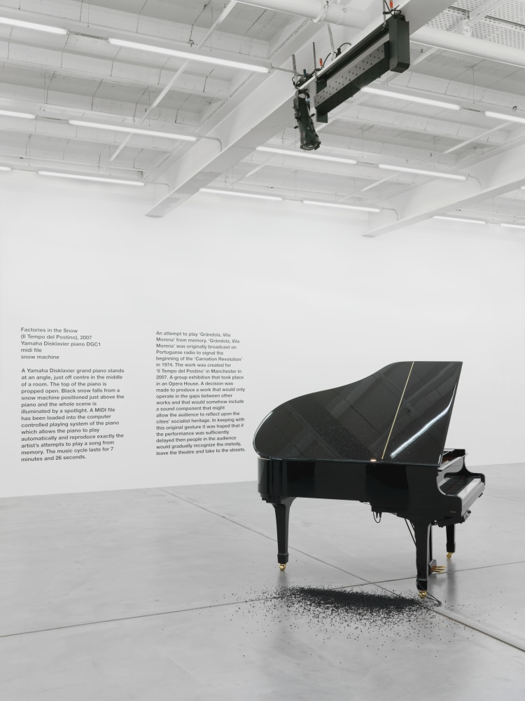 Installation by Liam Gillick, Factories In The Snow (Il Tempo Del Postino) 2007 Yamaha digital piano, midi file, snow machine, artificial black snow Dimensions variable 7:24 min