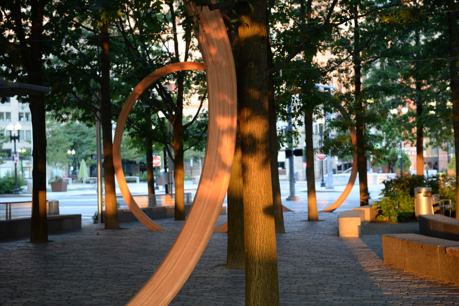 Outdoor view of sculptures by Oscar Tuazon