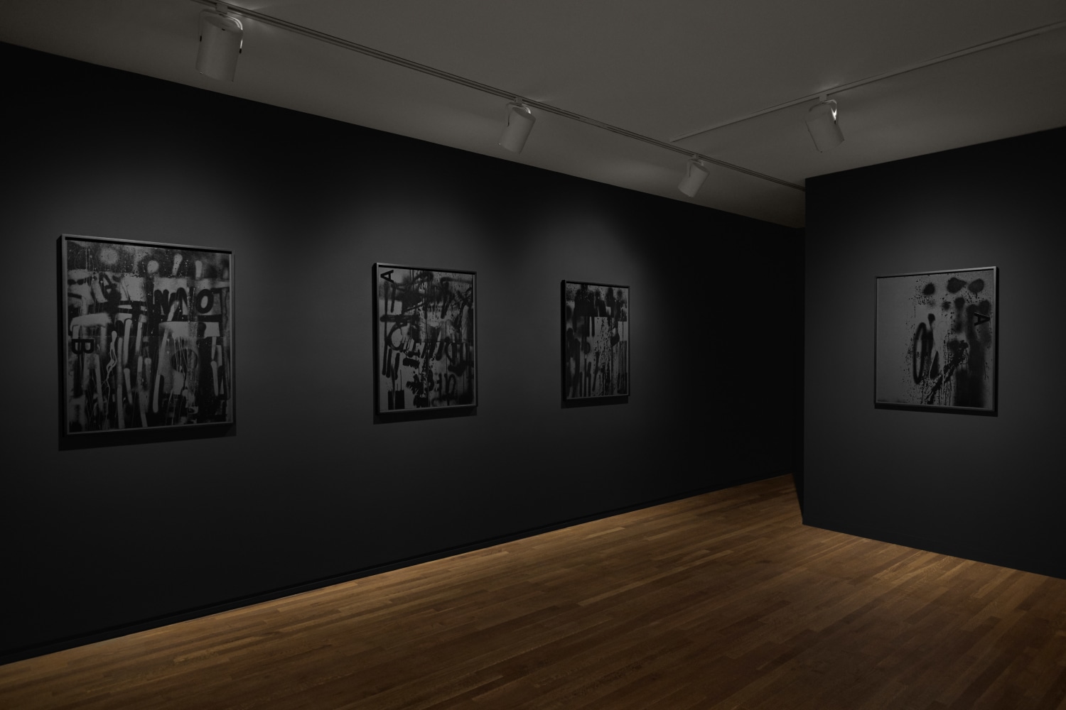 Installation view of black and white paintings by Adam Pendleton