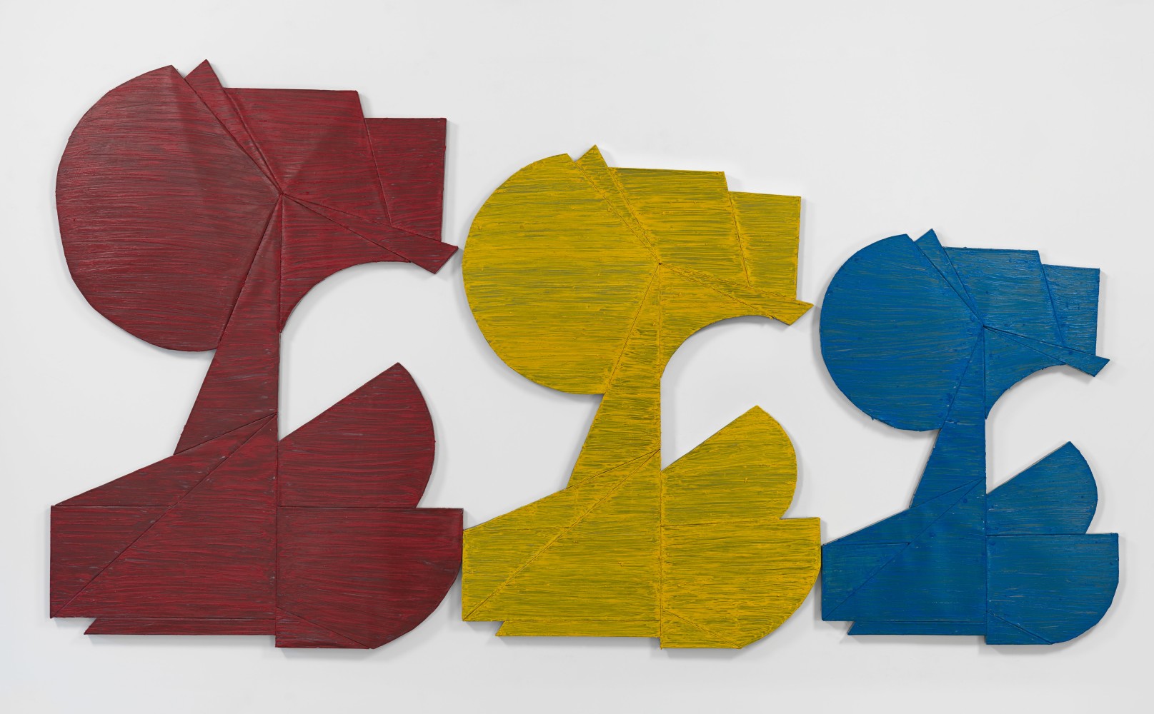 Wall relief by Wyatt Kahn Kahns 2019 Oil stick and oil on lead on panel; 3 parts (red, yellow, blue) 223.5 x 406.5 x 5 cm / 88 x 160 x 2 in