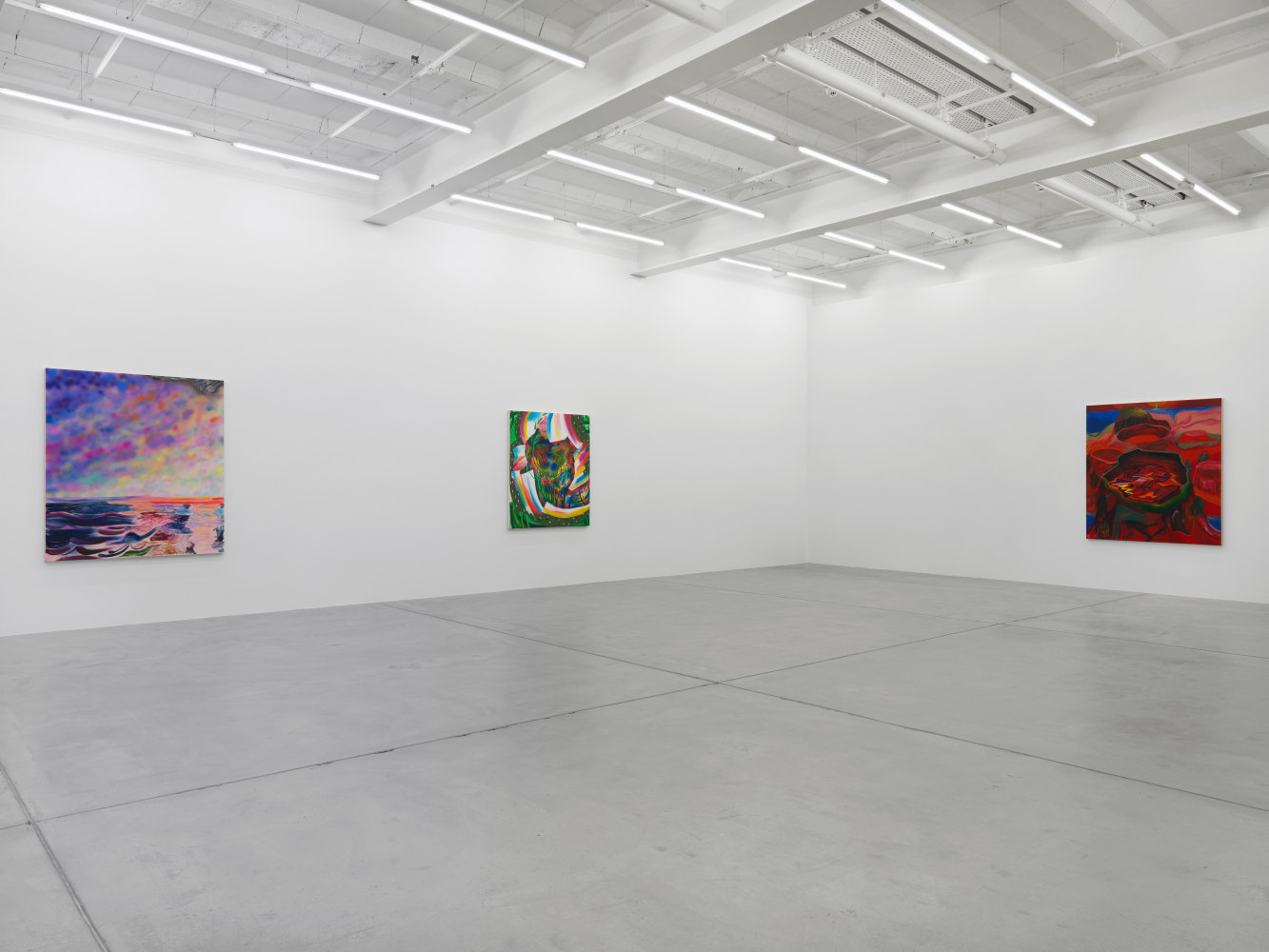 Installation view of Shara Hughes paintings exhibition
