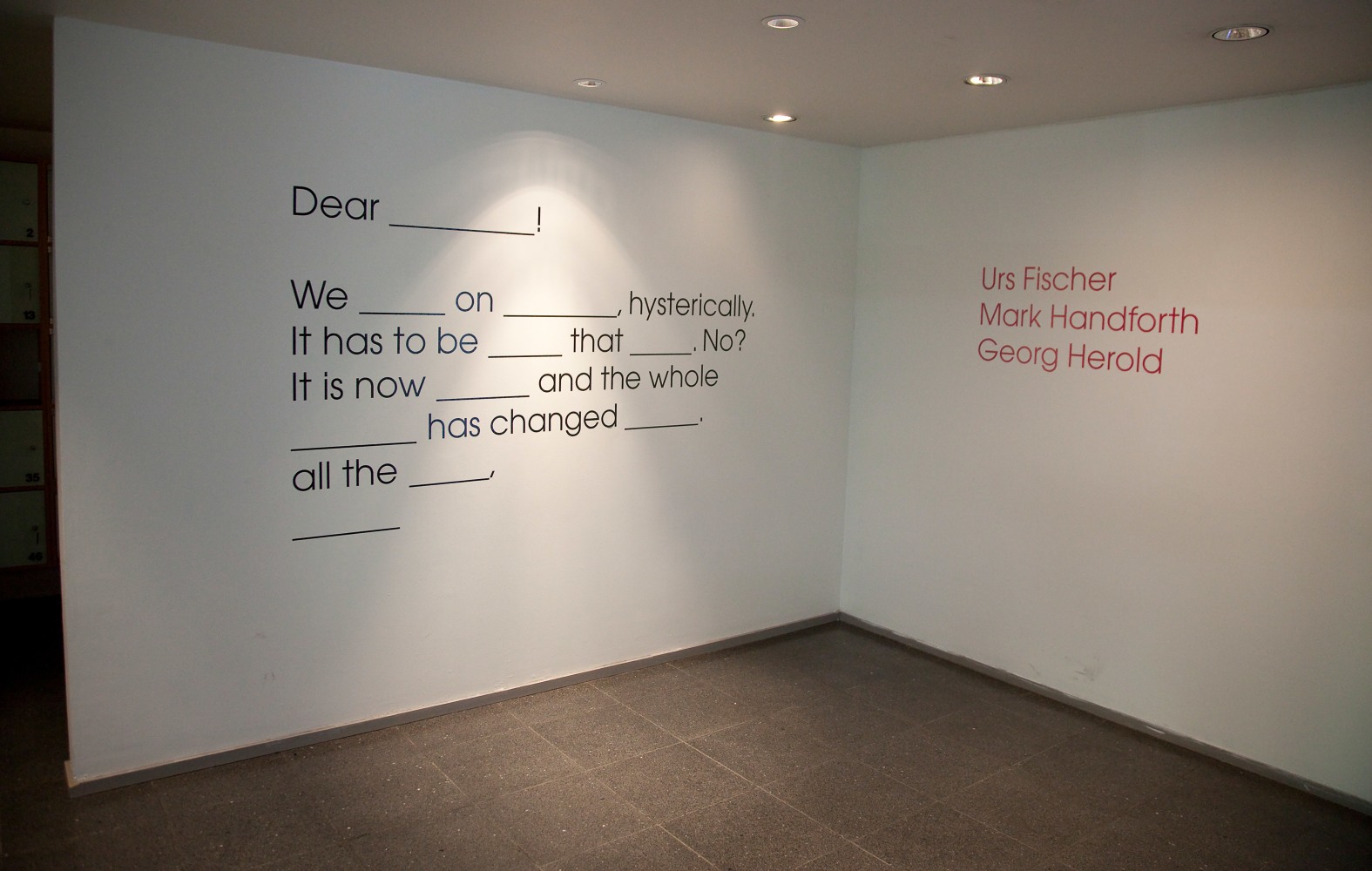 Installation view of sculptures by Urs Fischer, Mark Handforth, and Georg Herold