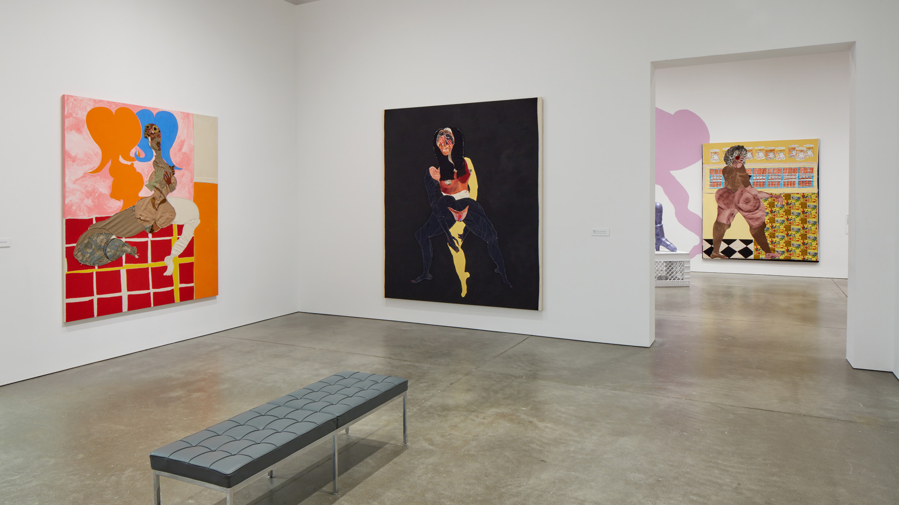 Installation view of paintings and sculptures by Tschabalala Self