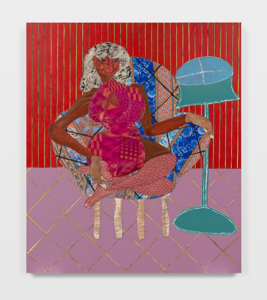 Ch&amp;eacute;rie

2024

Acrylic paint, oil pastel, fabric, thread, painted canvas on canvas

213.5 x 183 cm / 84 x 72 in

&amp;copy; Tschabalala Self