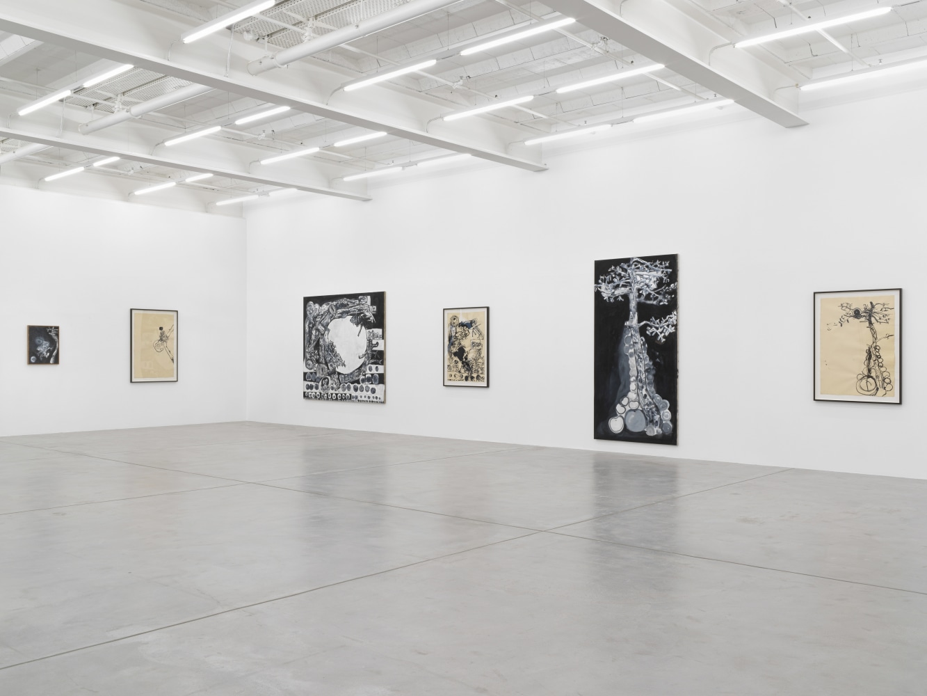 Installation view of Tobias Pils paintings and ink works on paper exhibition