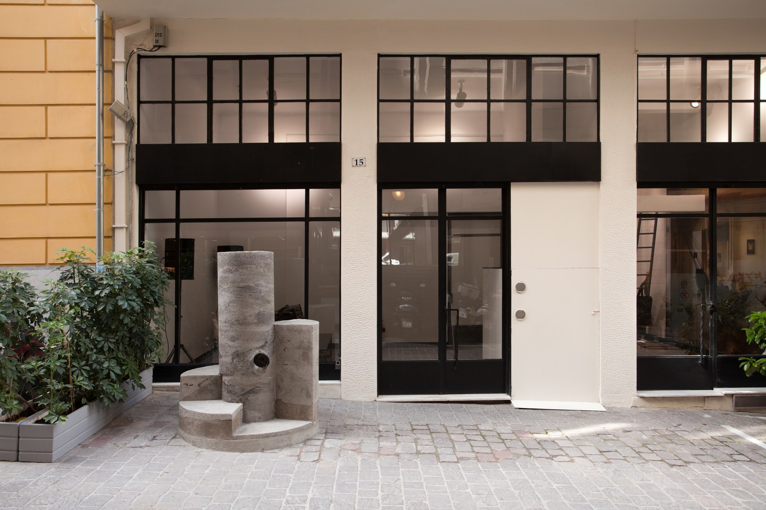 Installation view of sculpture by Oscar Tuazon