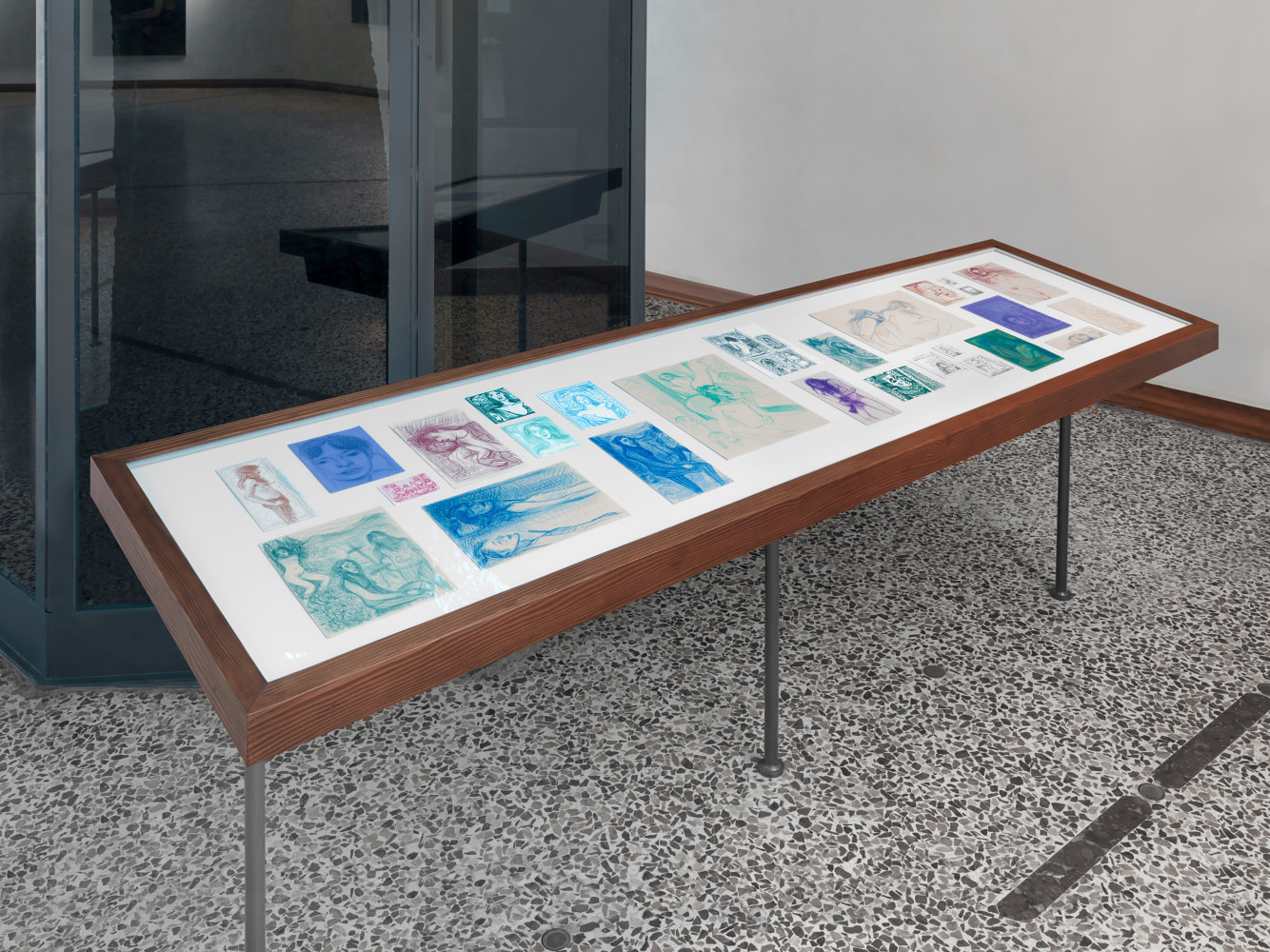 Installation view of drawings by Steven Shearer