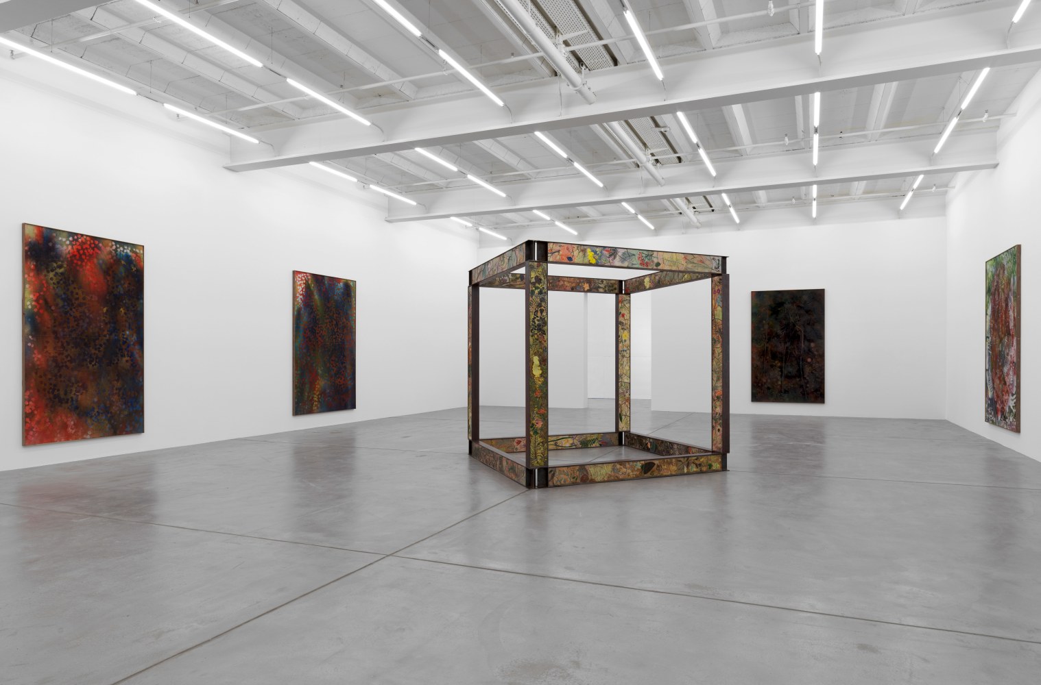 Installation view of Sam Falls paintings and sculptures exhibition