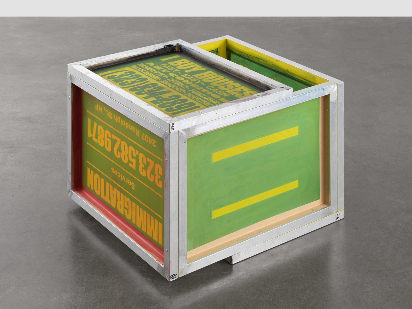 Walead Beshty [I BUY HOUSES FAST EASY CASH ANY CONDITION BANKRUPTCY DIVORCE FORCLOSURE MAJOR REPAIRS ABANDONED INHERITANCE (323) 834-2891; NEED TO SELL YOUR HOUSE? WE BUY HOUSES FAST. CASH. NOW. 714-397-8620; IMMIGRATION Services 323.582-9871 2407 Randolph St., HP; $ $$ COMPRO CASAS 310-803-5360; DIVORCE CUSTODY 818-277-4006 Hablamos Español; WE BUY HOUSES 4 CA$H (323) 314-0403] 2021 Silkscreen, aluminum, vinyl screen ink, tape 86.5 x 66 x 78.5 cm / 34 x 26 x 31 in