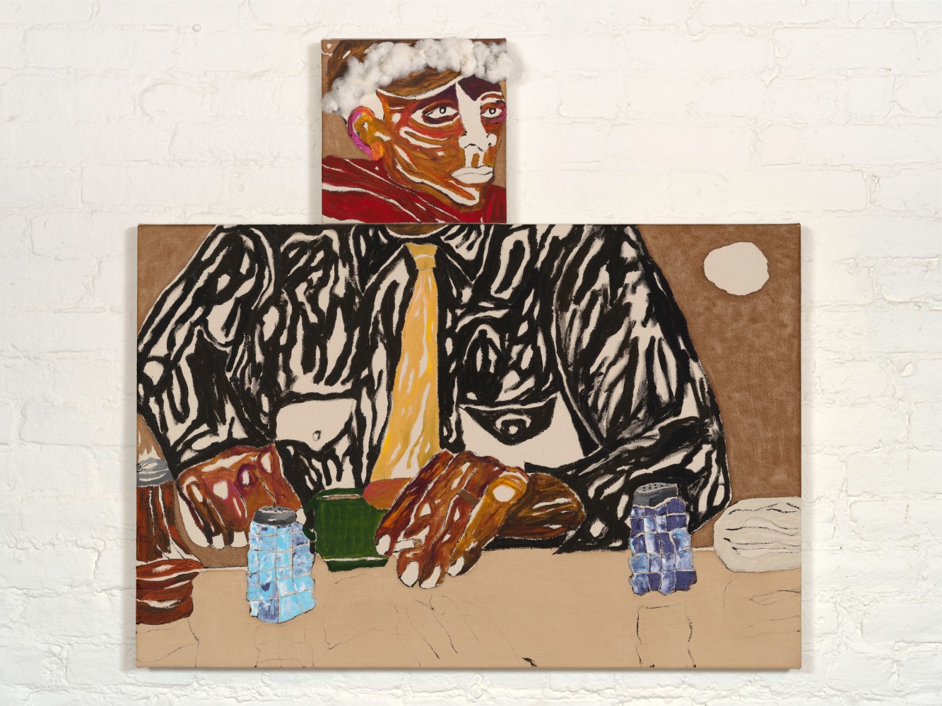 Heavy Is The Head That Wears The Cotton

2025

Acrylic, cotton and coffee on cotton canvas, 2 parts

Painting 1 61 x 91.5 cm / 24 x 36 in

Painting 2 25.5 x 25.5 cm / 10 x 10 in

&amp;copy; Chase Hall