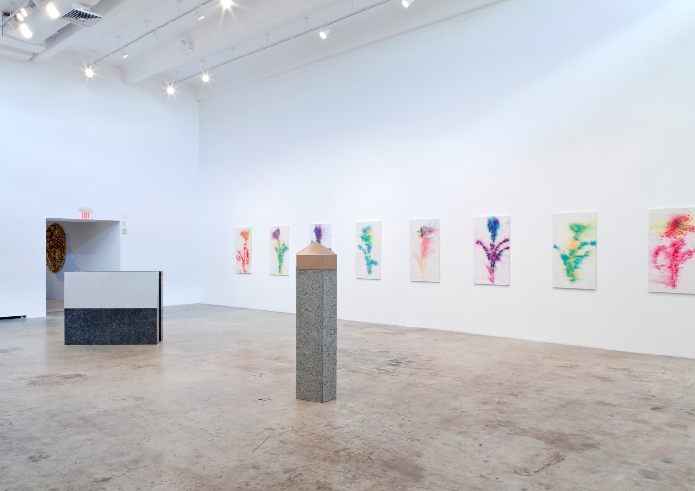Installation view of paintings and sculptures by Sam Falls