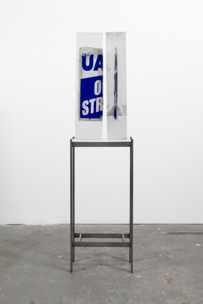 Riven

2024

Strike signs, polyurethane resin, steel, acrylic

Sculpture 81 x 33 x 20 cm / 31 7/8 x 13 x 7 7/8 in

Pedestal 101 x 47 x 25 cm / 39 3/4 x 18 1/2 x 9 7/8 in

&amp;copy; Matthew Angelo Harrison