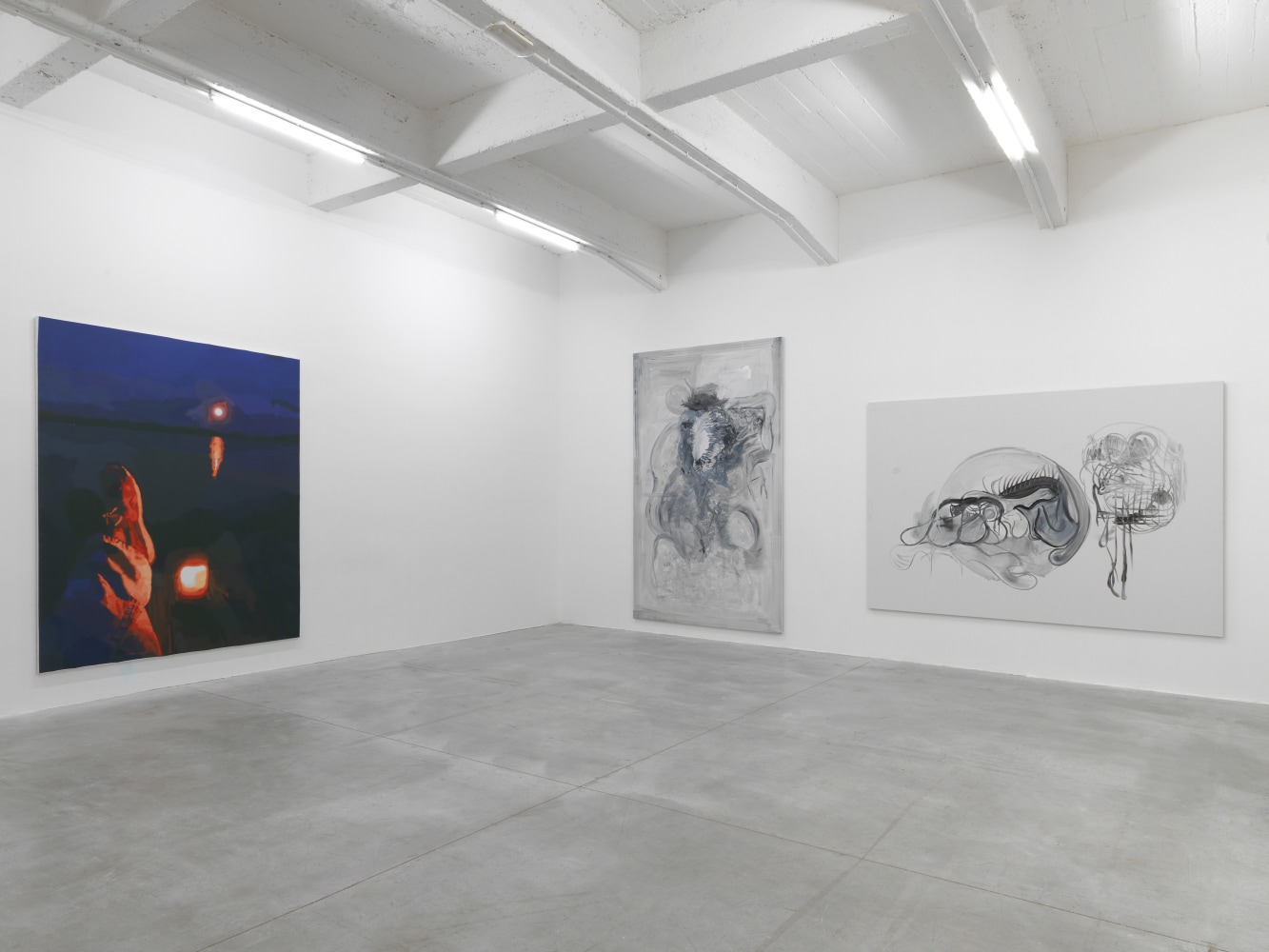 Installation view of paintings by Tobias Pils and Michael Williams