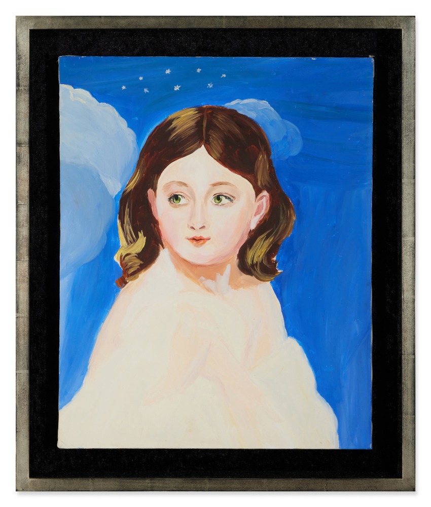 portrait of a young woman with dark hair and blue background by Karen Kilimnik