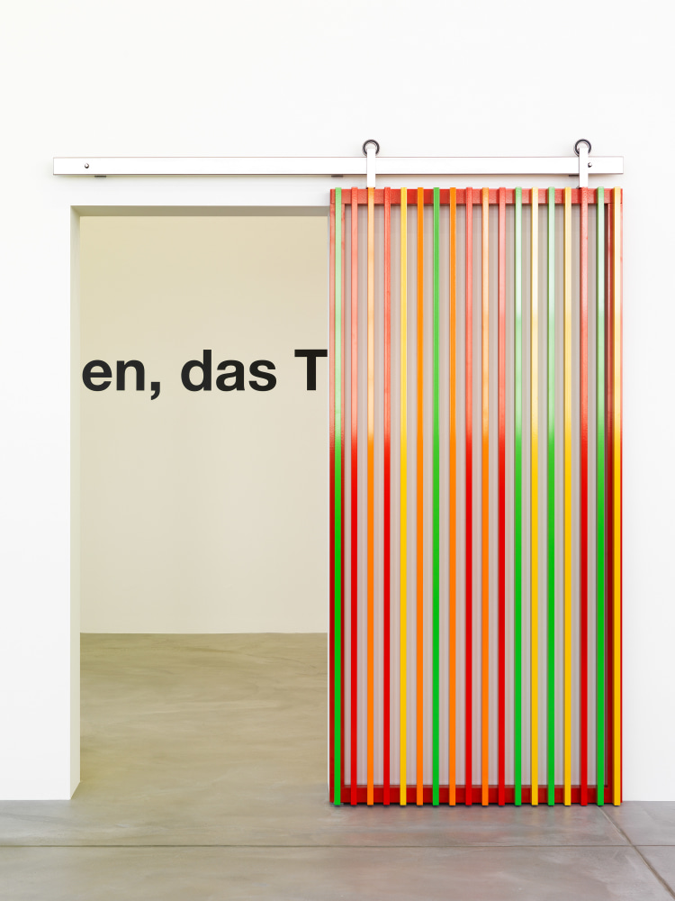 Doorway installation by Liam Gillick, Scorpion but Felix 2012 Powder coated aluminum Approx. installation dimensions 220 x 200 x 10 cm / 86 5/8 x 78 3/4 x 3 7/8 in Door element 210 x 100 x 10 cm / 82 5/8 x 39 3/8 x 3 7/8 in