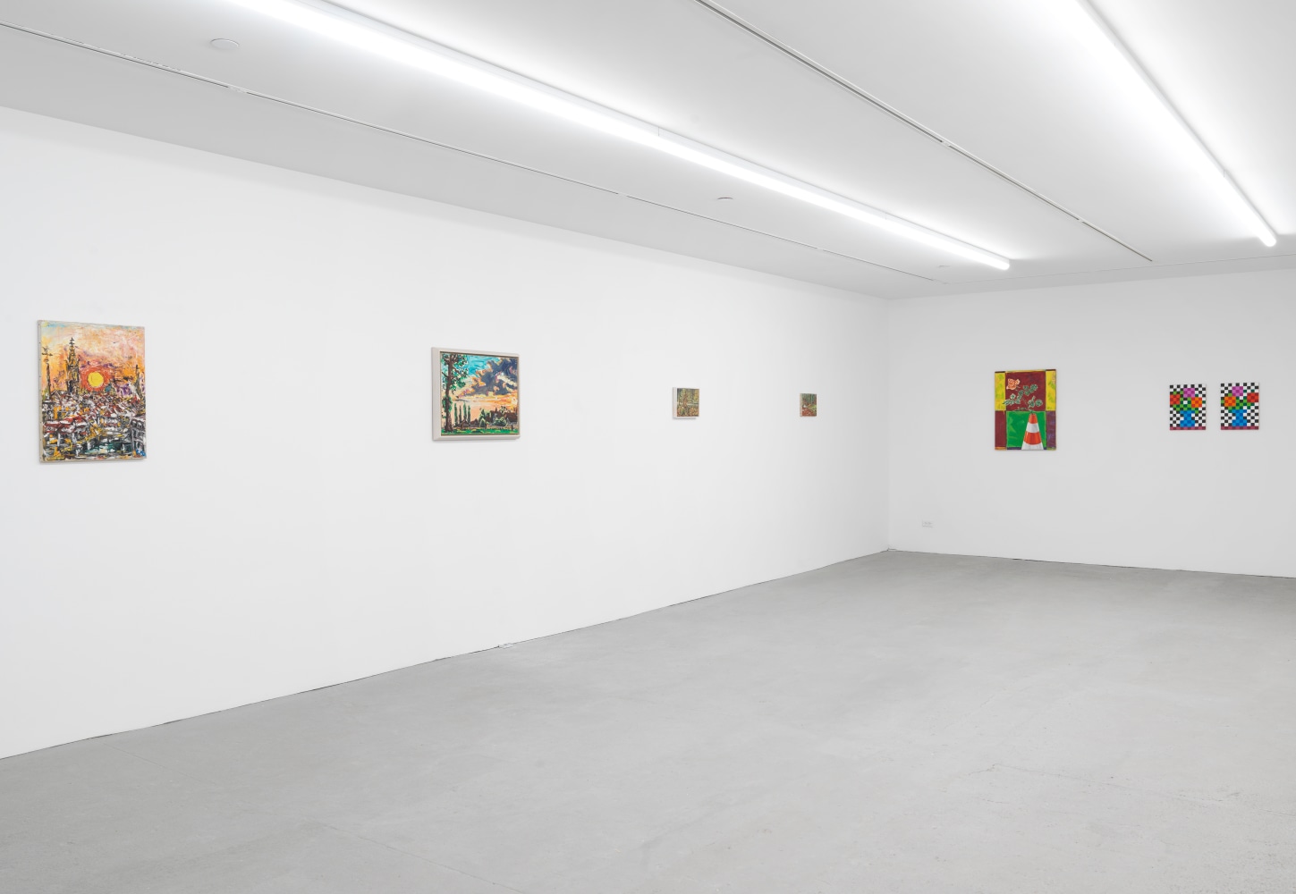 Installation view of Jean-Frédéric Schnyder paintings and sculpture exhibition