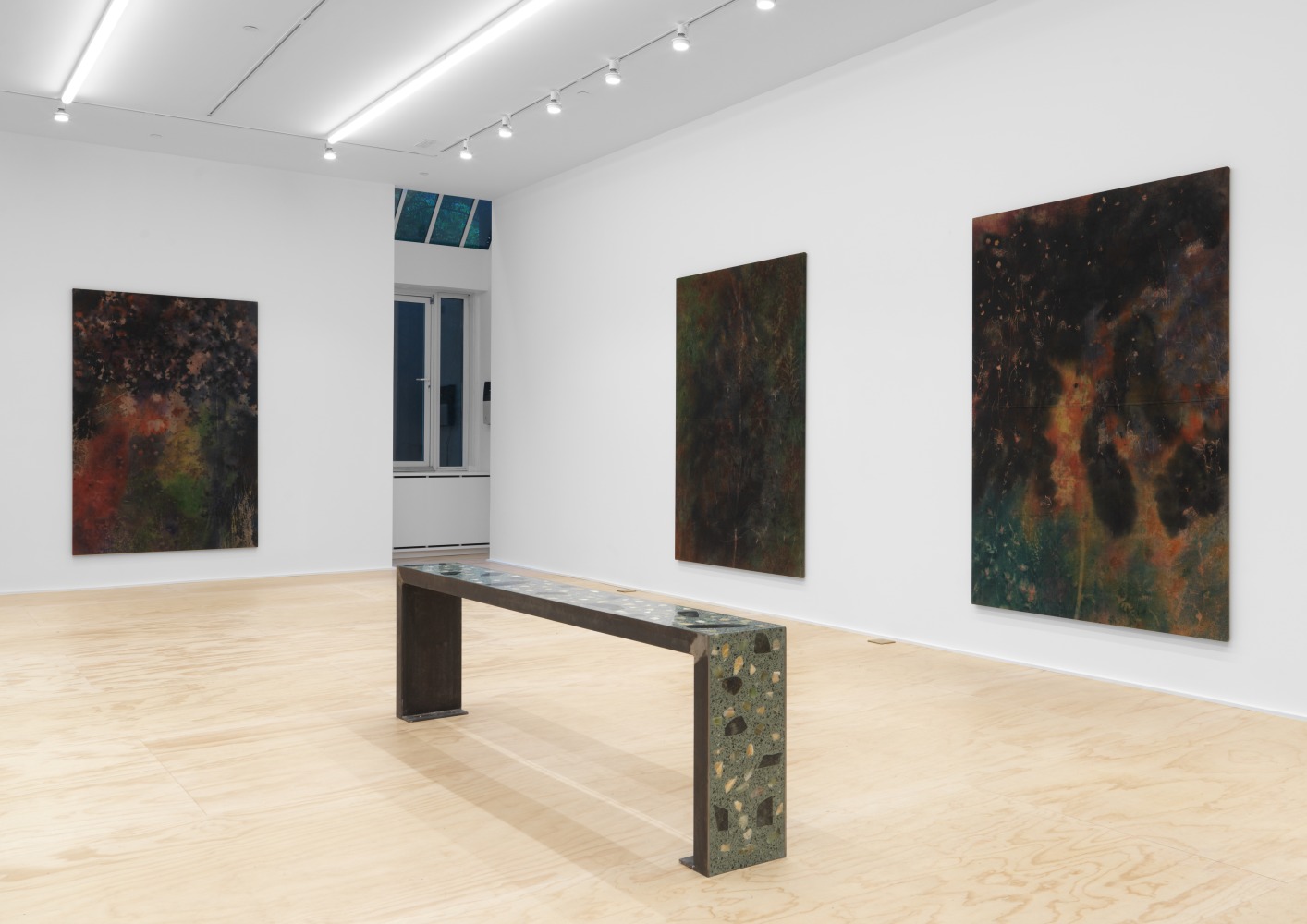 Installation view of Sam Falls paintings and sculptures exhibition