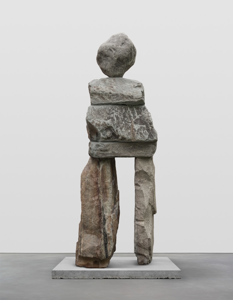 Stone sculpture by Ugo Rondinone, the scholarly 2017 Blue stone, stainless steel, steel plate Sculpture 230.5 x 91.5 x 56 cm / 90 3/4 x 36 x 22 in Pedestal 2 x 150 x 150 cm / 3/4 x 59 x 59 in