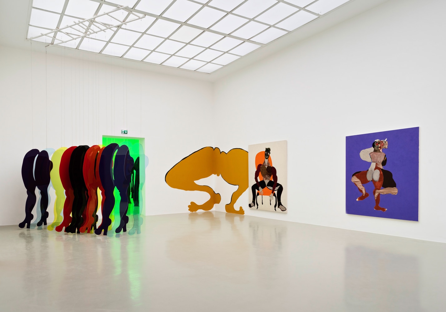 Installation view of paintings and sculptures by Tschabalala Self