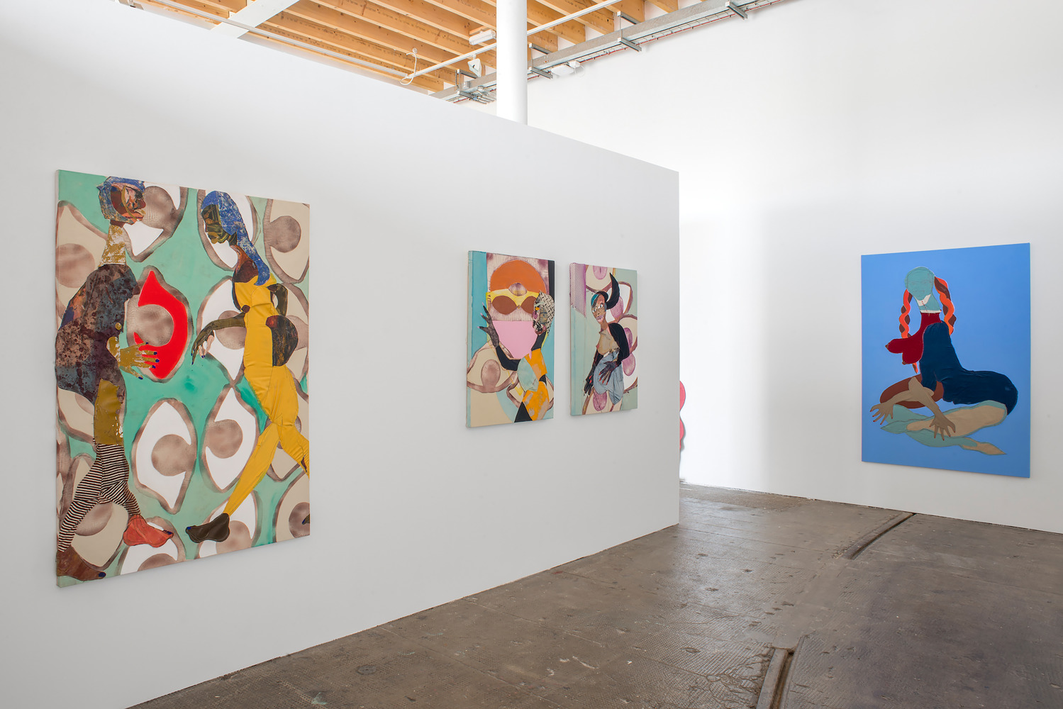 Installation view of paintings by Tschabalala Self