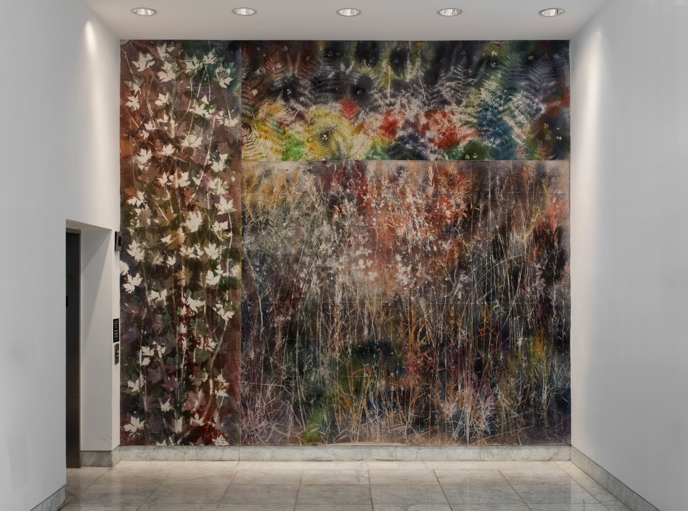 Installation view of paintings by Sam Falls