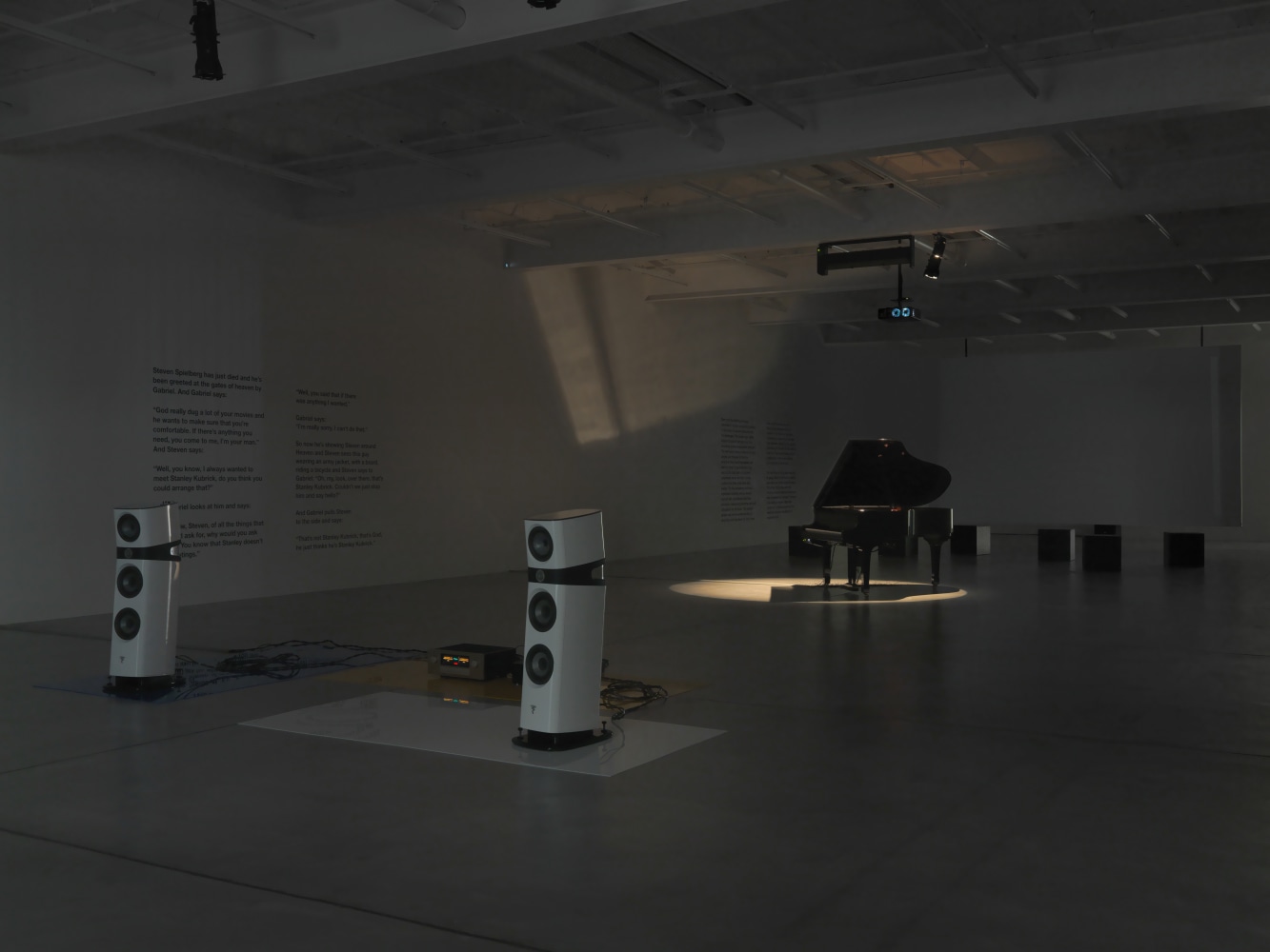 Installation view of Liam Gillick audio and film installation exhibition